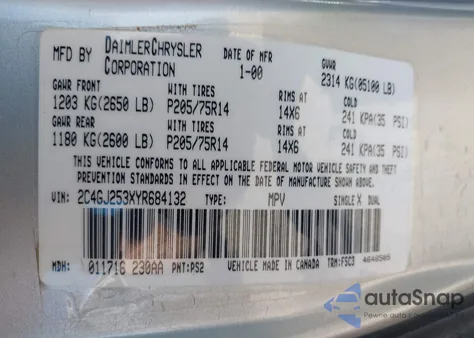 2000 Chrysler Voyager z USA, uszkodzony, nr VIN 2C4GJ253XYR684132